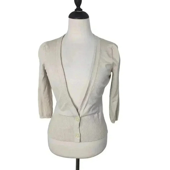 Loft Womens Cream Knit Deep V-neck Cardigan 3/4 Sleeve Size XS - Picture 1 of 9